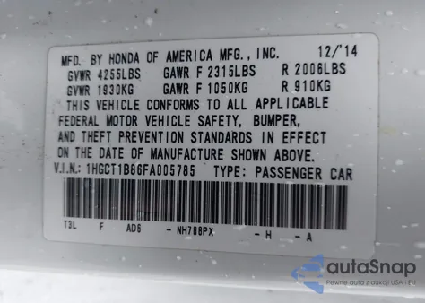 2015 Honda Accord Ex-L from USA, damaged, VIN 1HGCT1B86FA005785